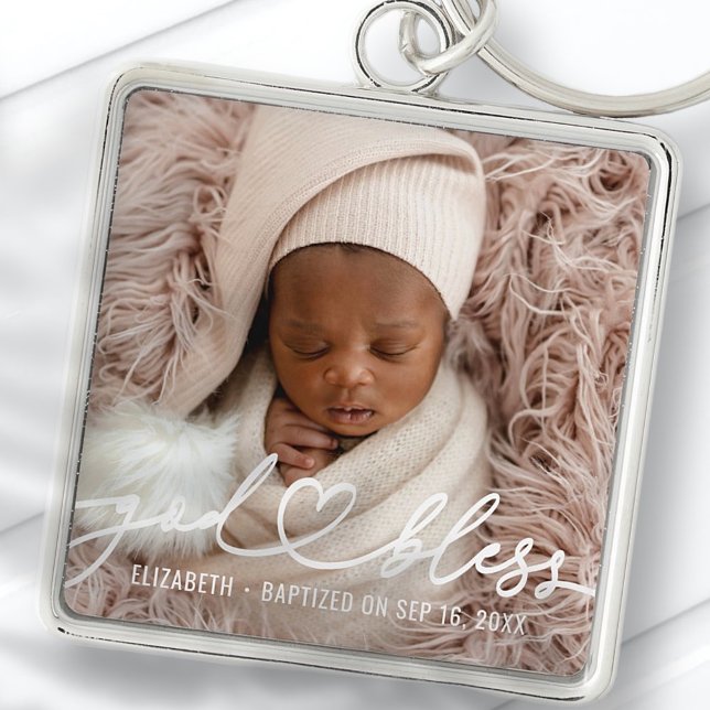 Baptism Simple Elegant Modern Heart Baby Photo Key Ring (Creator Uploaded)