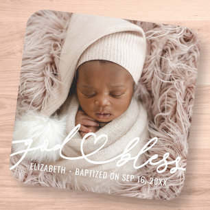 Baptism Simple Elegant Modern Heart Baby Photo Square Sticker