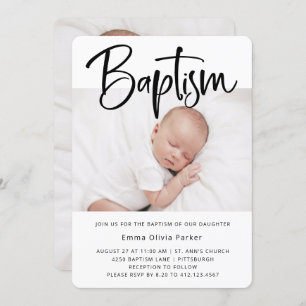 Baptism   Simple Minimal Black and White Two Photo Invitation