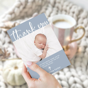Baptism   Simple Minimal Blue with Photo Thank You Card