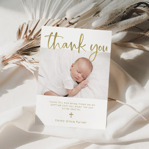 Baptism Simple Minimal Gold with Photo Thank You Card