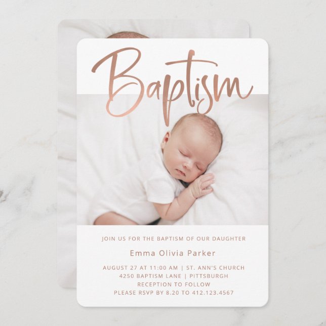 Baptism | Simple Minimal Rose Gold with Two Photos Invitation (Front/Back)