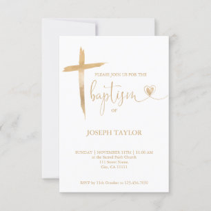 Baptism Simple Modern Cross Christening Gold Invitation