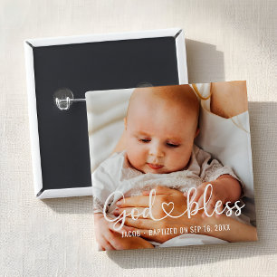 Baptism Simple Modern Heart Baby Photo 15 Cm Square Badge