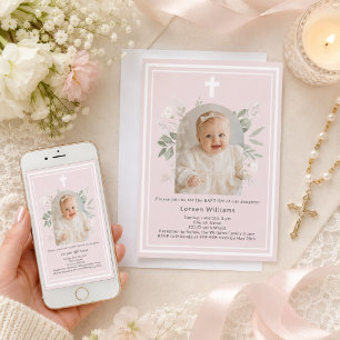 Baptism Soft Pink Photo white florals arch girl Invitation