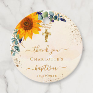 Baptism sunflower eucalyptus glitter thank you favour tags