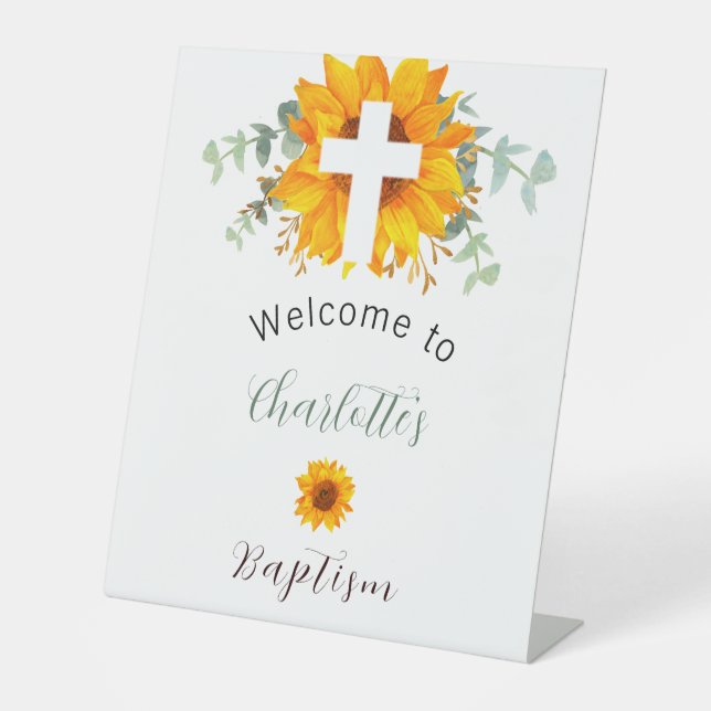 Baptism sunflowers eucalyptus cross welcome pedestal sign (Front)