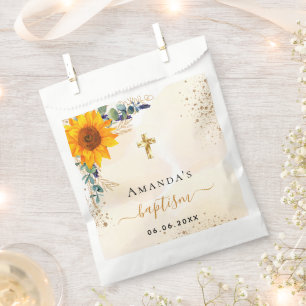Baptism sunflowers eucalyptus greenery glitter favour bags