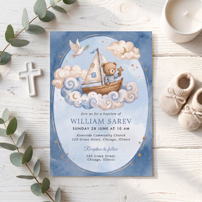 Baptism Sweet Blue Watercolor Bear  Invitation (Creator Uploaded)