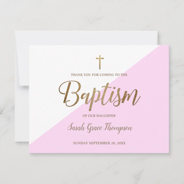 Baptism Thank You Baby Girl Simple Pink Gold Card (Front)