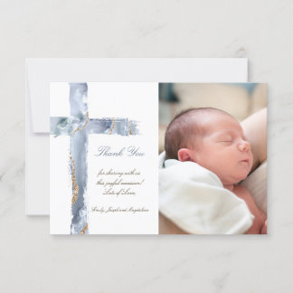 Baptism thank you blue agate cross invitation