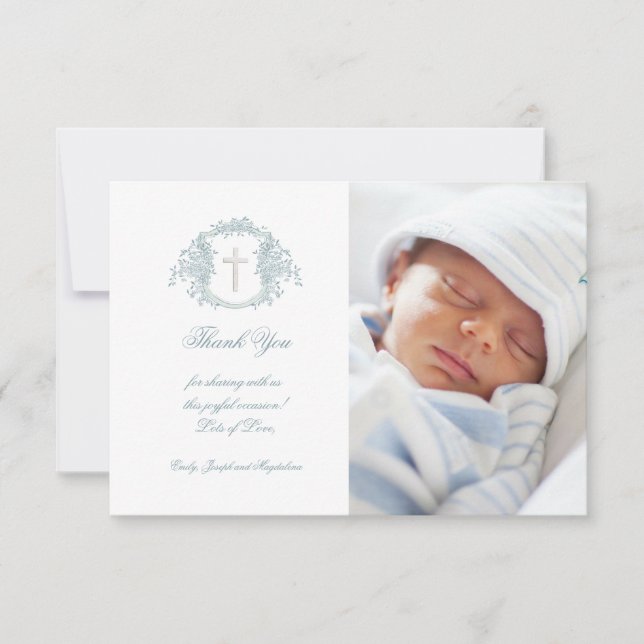 Baptism thank you blue floral crest invitation (Front)