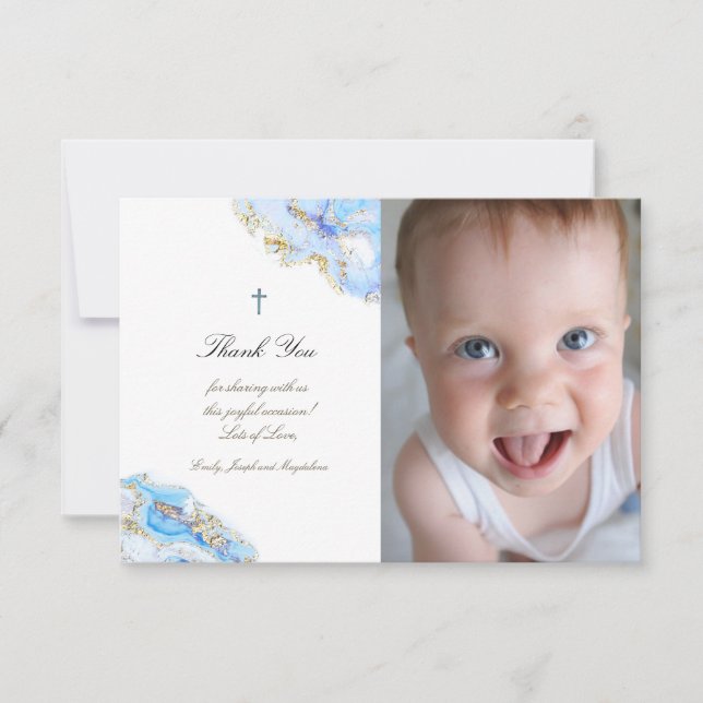 Baptism thank you blue ink marble invitation (Front)
