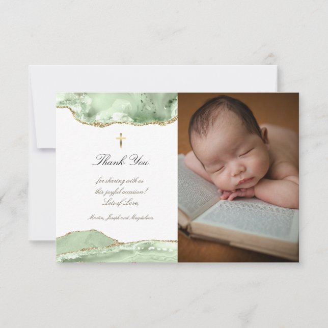 Baptism thank you green agate invitation (Front)