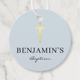 BAPTISM THANK YOU modern gold cross baby blue Favour Tags