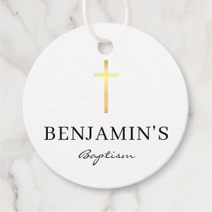 BAPTISM THANK YOU modern gold cross black white Favour Tags