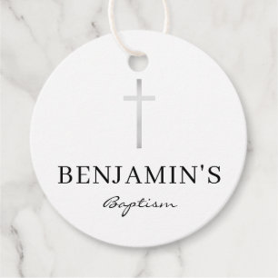 BAPTISM THANK YOU modern silver cross black white Favour Tags