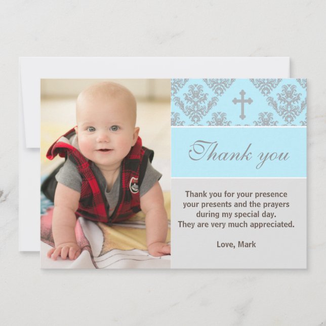 Baptism Thank You Note Christening Blue Photo Card (Front)