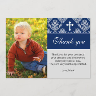 Baptism Thank You Note Custom Photo Card Navy Blue