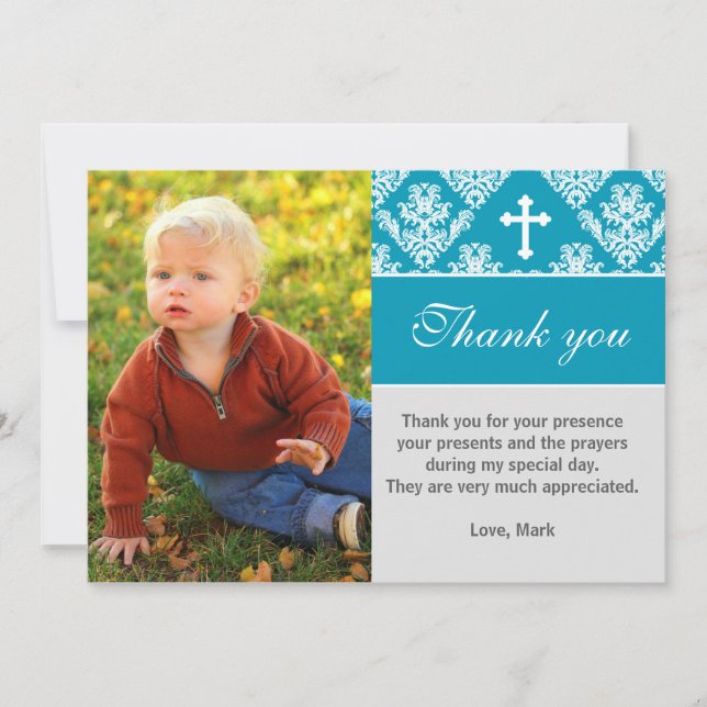 Baptism Thank You Note Custom Photo Card Teal (Front)