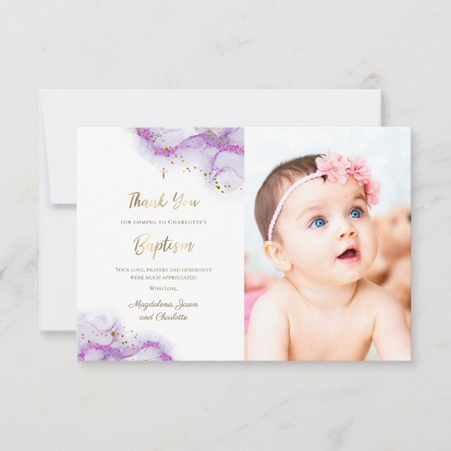 Baptism thank you purple ink invitation (Front)