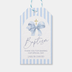 Baptism Thank You Tag, Modern Blue Bow & Stripe Gift Tags