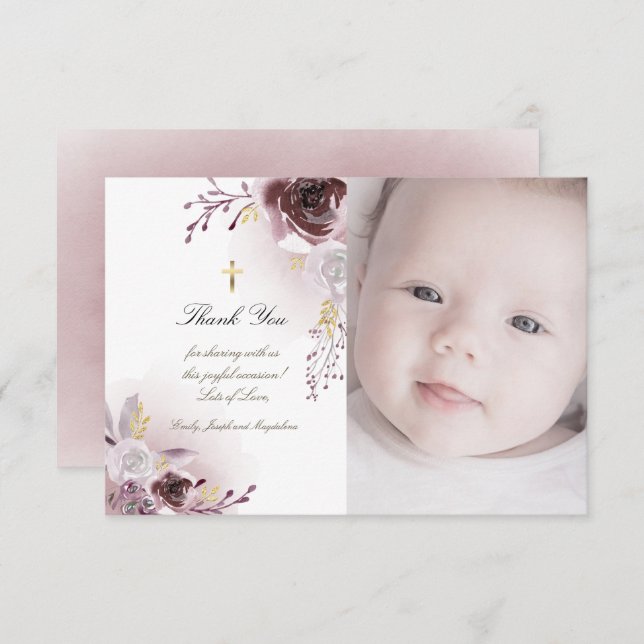 Baptism thank you watercolor roses invitation (Front/Back)