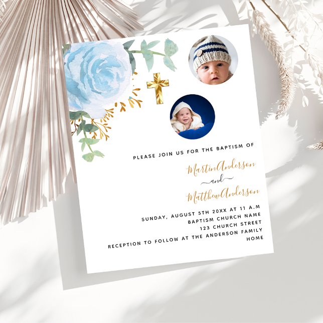 Baptism twins boys floral photo budget invitation (Creator Uploaded)