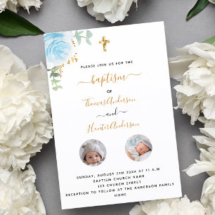 Baptism twins boys white floral photo invitation