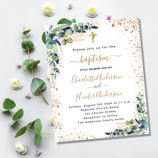 Baptism twins eucalyptus gold budget invitation flyer (Creator Uploaded)