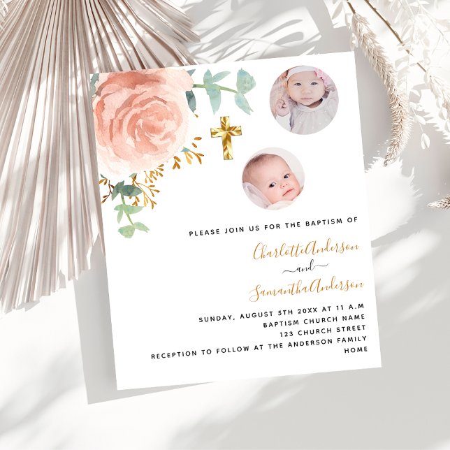 Baptism twins girls floral photo budget invitation (Creator Uploaded)