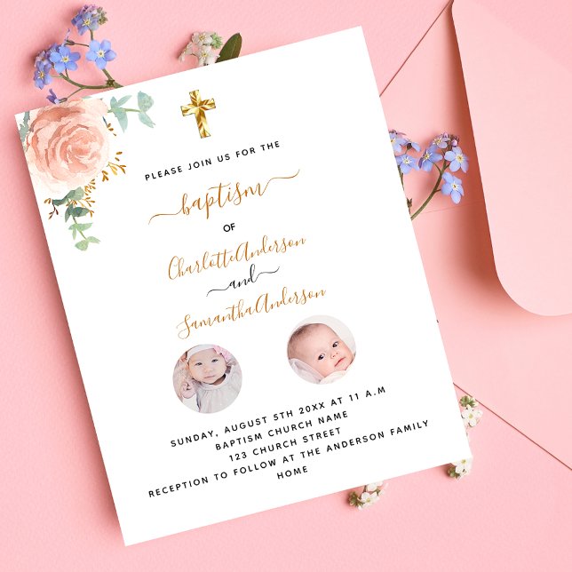 Baptism twins girls floral photo budget invitation flyer (Creator Uploaded)