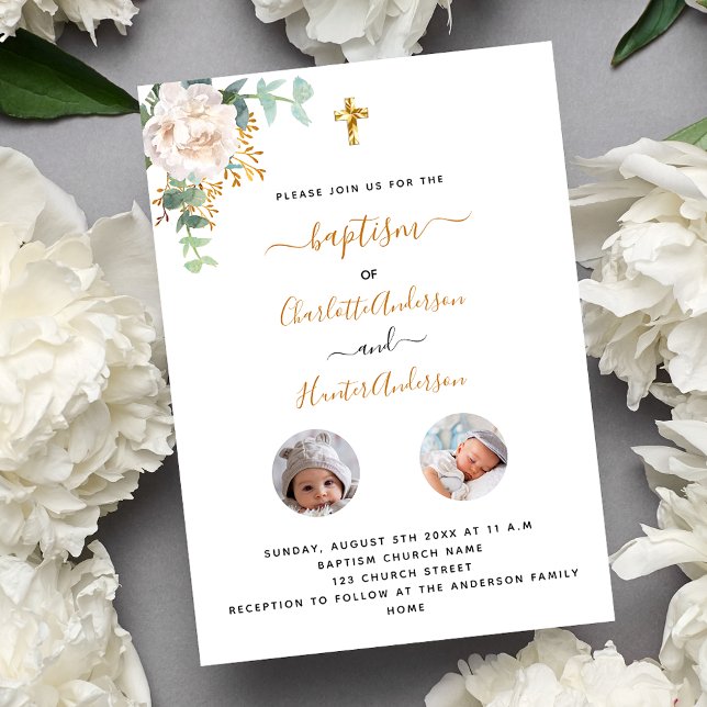 Baptism twins white floral photo luxury invitation (Creator Uploaded)