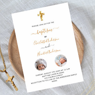 Baptism twins white photo gender neutral invitation
