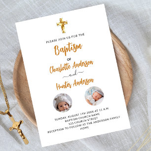 Baptism twins white photo gender neutral invitation