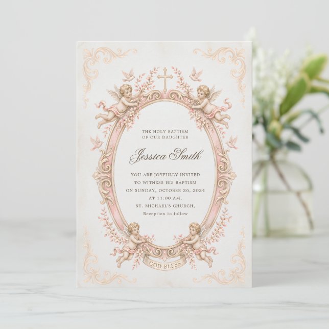 Baptism Vintage Renaissance Cherub Pink  Invitation (Standing Front)