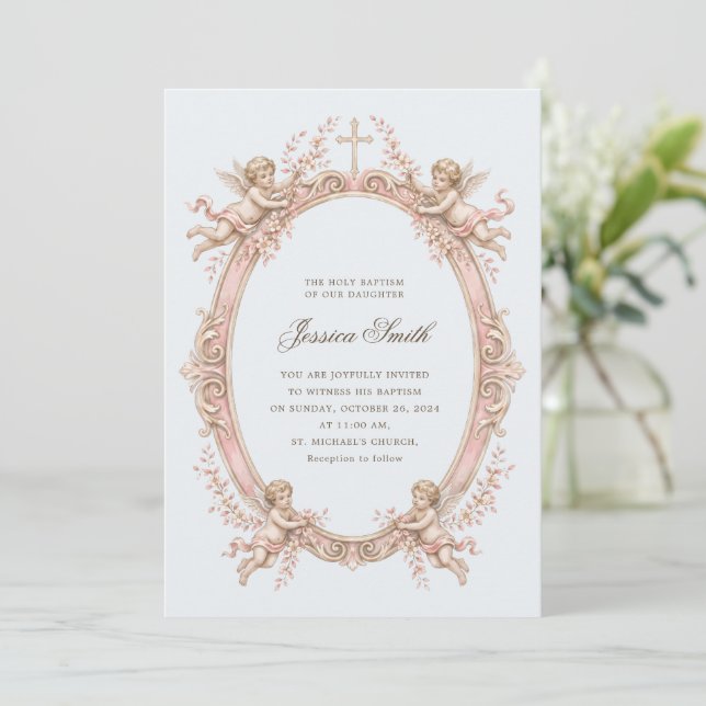 Baptism Vintage Renaissance Cherub Pink  Invitation (Standing Front)