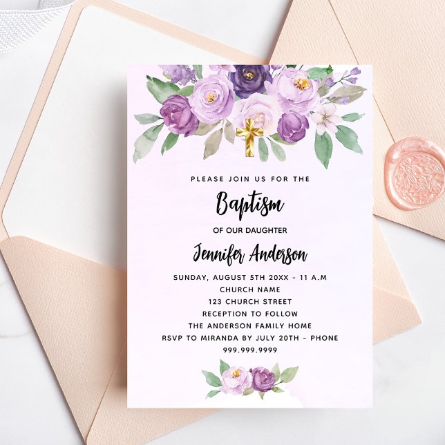 Baptism violet flowers greenery cross invitation (Creator Uploaded)