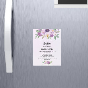 Baptism violet flowers greenery cross luxury magnetic invitation