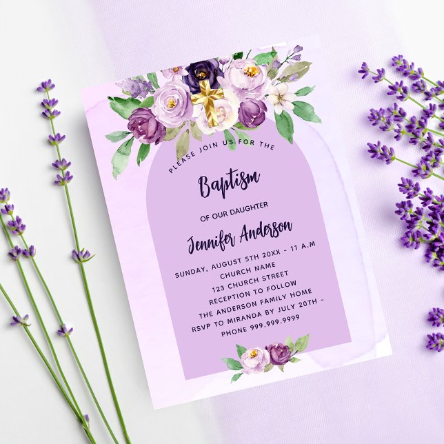 Baptism violet purple flowers budget invitation (Creator Uploaded)