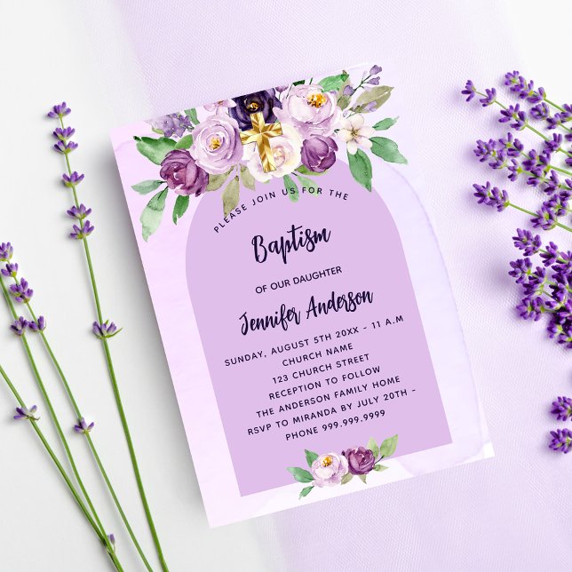 Baptism violet purple flowers cross girl invitation postcard (Creator Uploaded)