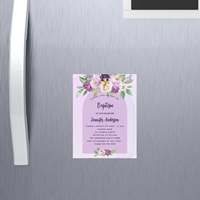 Baptism violet purple flowers cross girl luxury magnetic invitation (Creator Uploaded)
