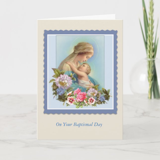 BAPTISM Virgin Mary Baby Roses Blessing Card (Front)