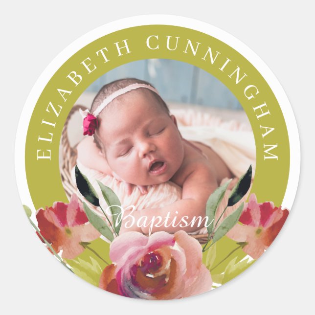 Baptism | Watercolor Floral and Foliage Classic Round Sticker (Front)