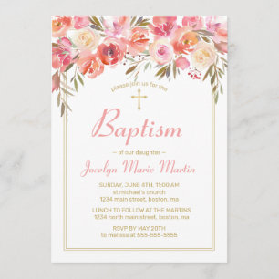 Baptism Watercolor Floral Blush Pink Rose Invitation