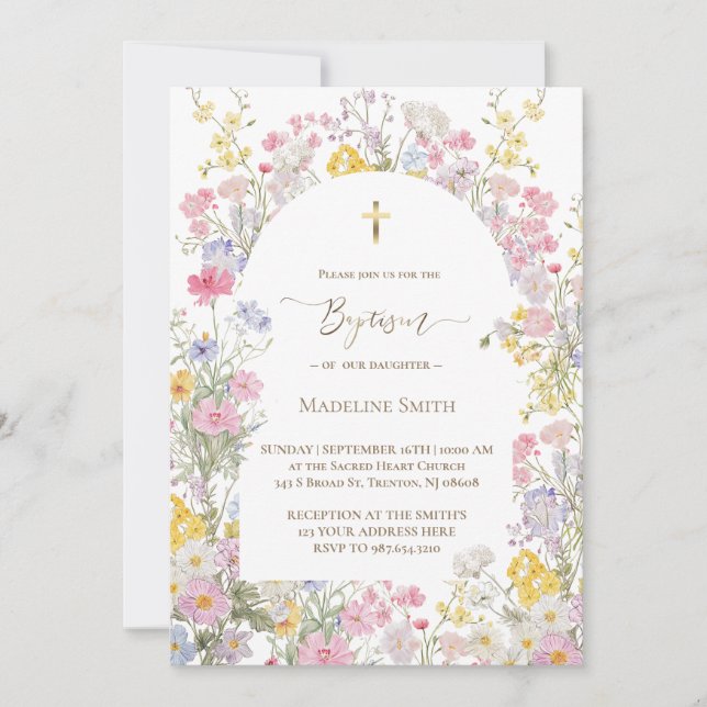 Baptism watercolor meadow flowers invitation (Front)