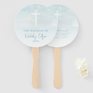 Baptism Watercolor Pastel Blue Hand Fans