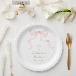 Baptism watercolor pink bow baby girl  paper plate