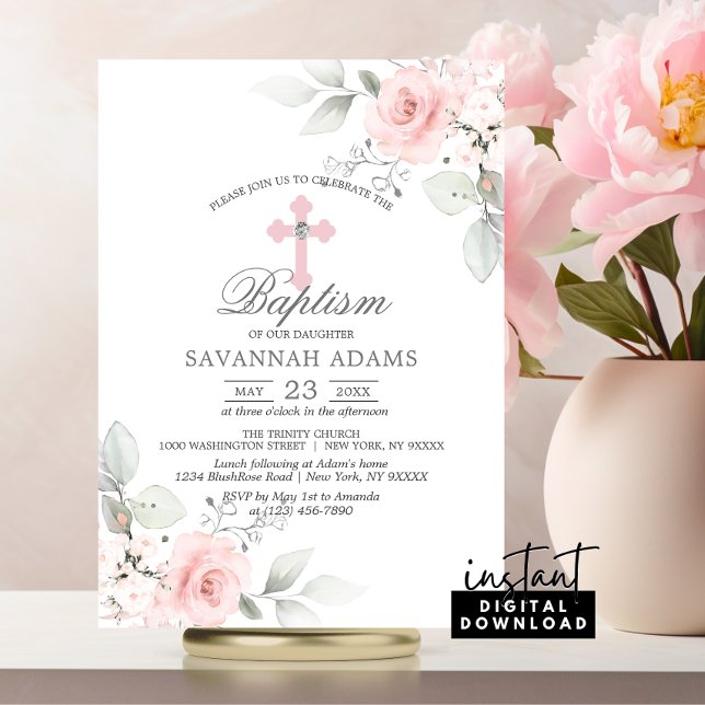 BAPTISM Watercolor Pink Rose Girl Invitation (BAPTISM Watercolor Pink Rose Girl Invitation | Christening Flowers Cross)