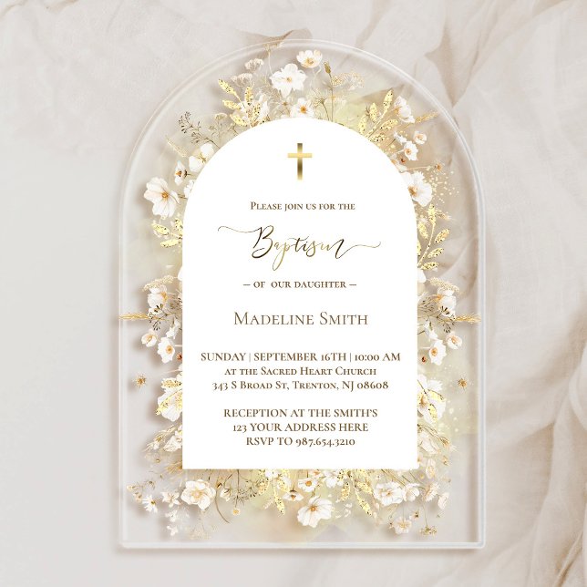 Baptism watercolor white yellow flowers acrylic invitations (Creator Uploaded)